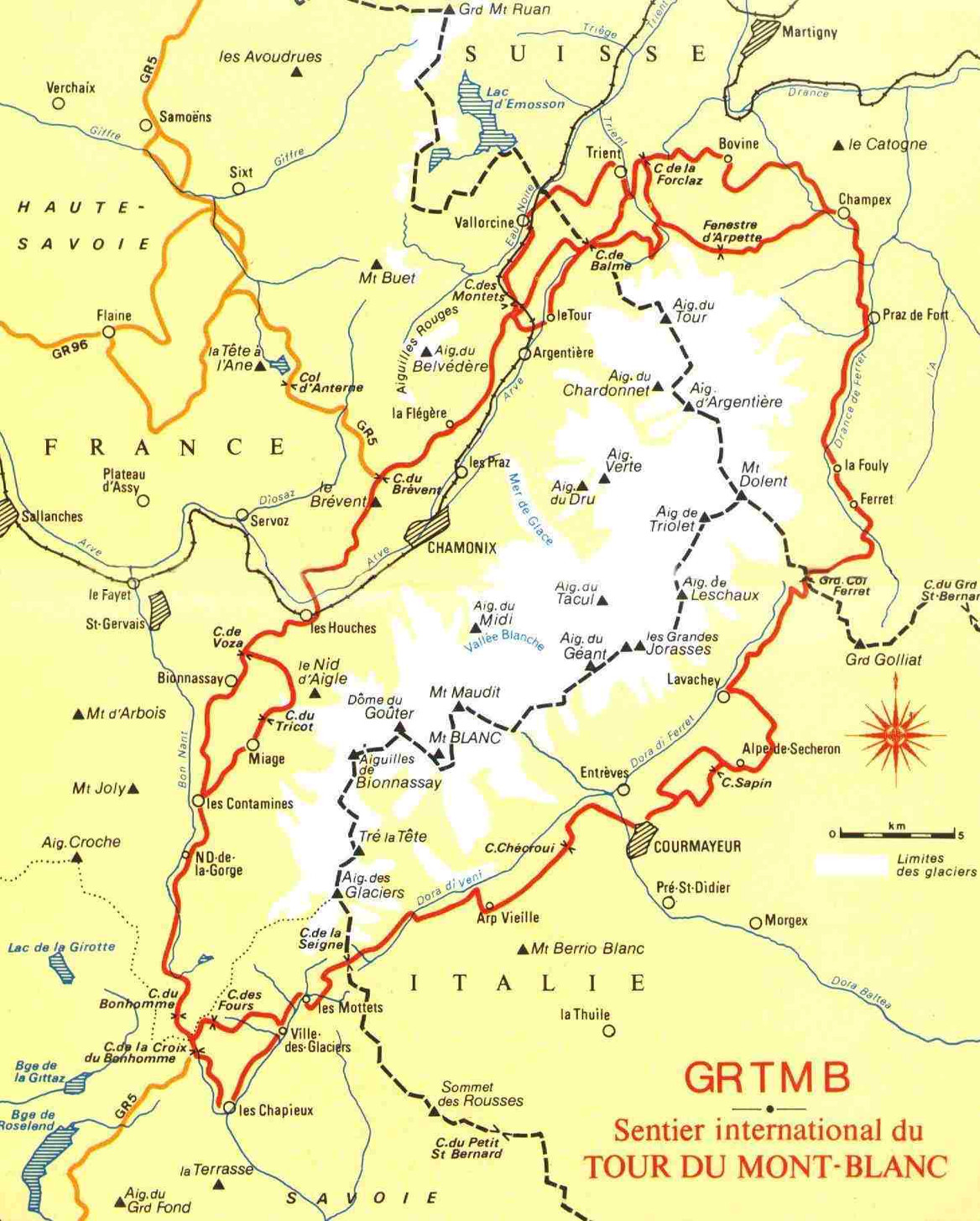 Kaart van de Tour du Mont Blanc